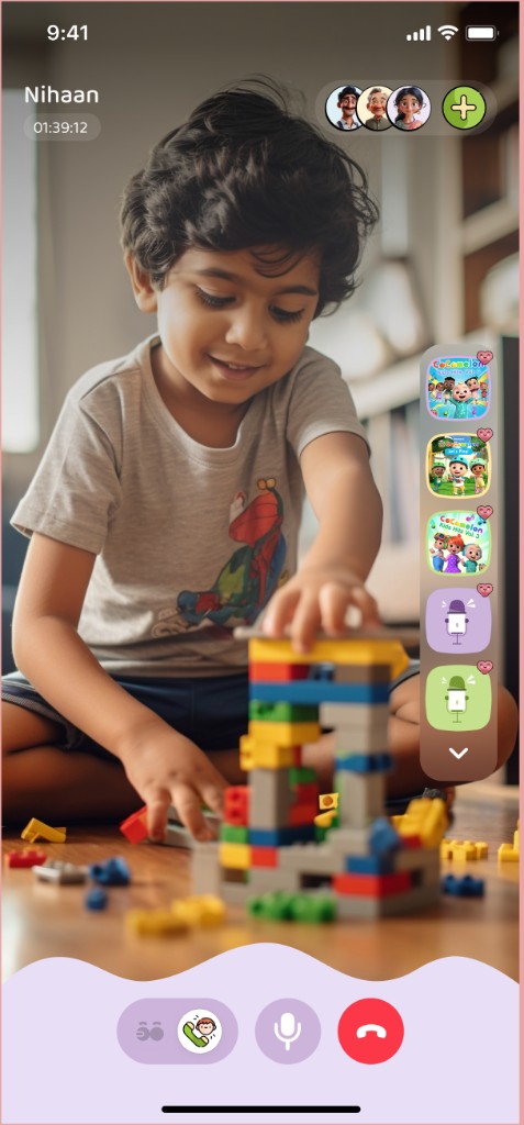 Live video call with a child building blocks, co-watch sidebar, and call controls.