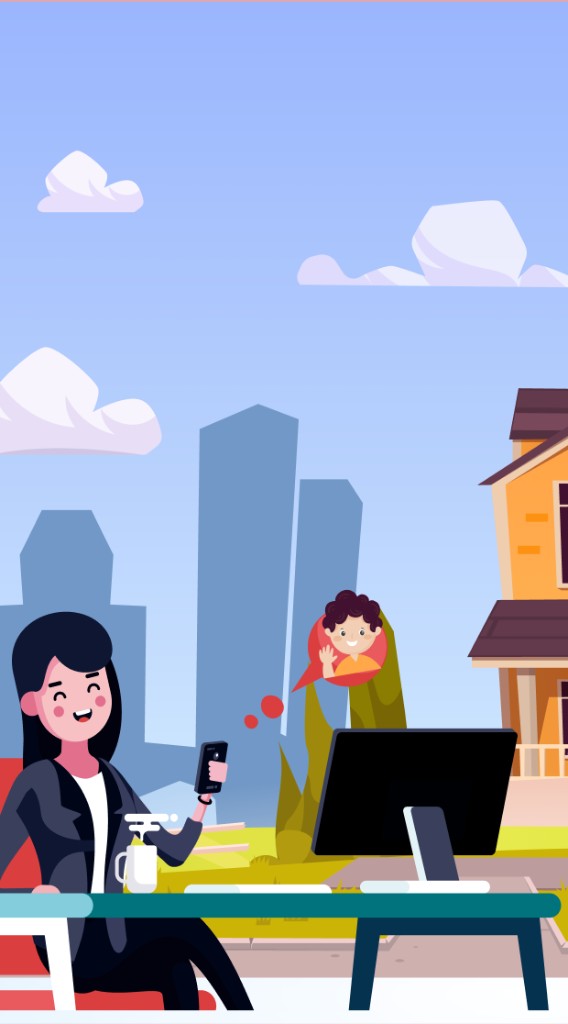 Illustration of a parent on a video call with a child waving from home.