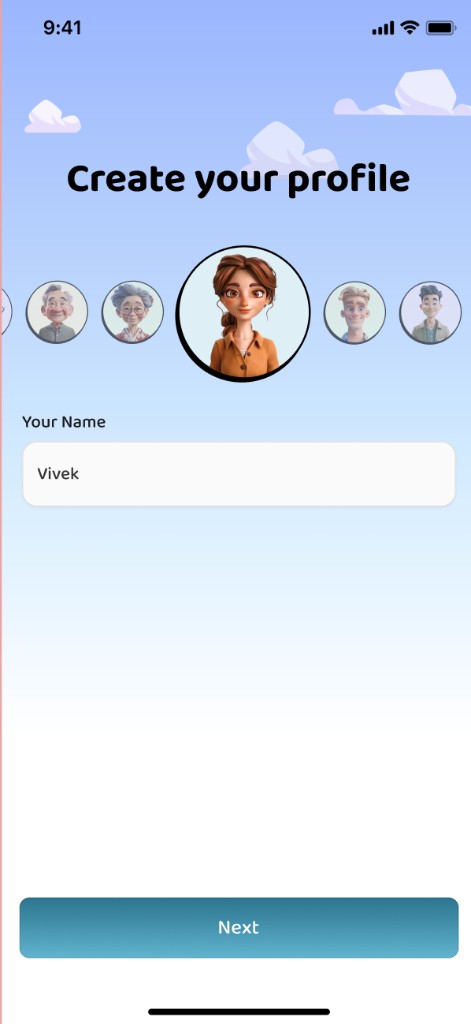 Create your profile screen with 3D avatar picker and name field.