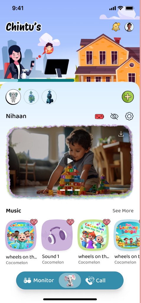 Chintu’s home dashboard showing toy status, a play moment, and Monitor and Call controls.