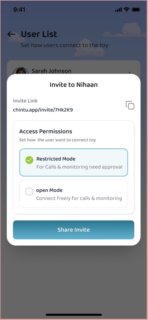 Invite modal with invite link and Restricted or Open access modes.