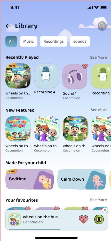 Library screen with music, recently played, bedtime and calm-down playlists.