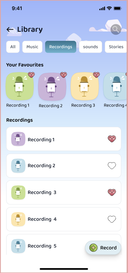 Recordings library with favourites and a Record button.