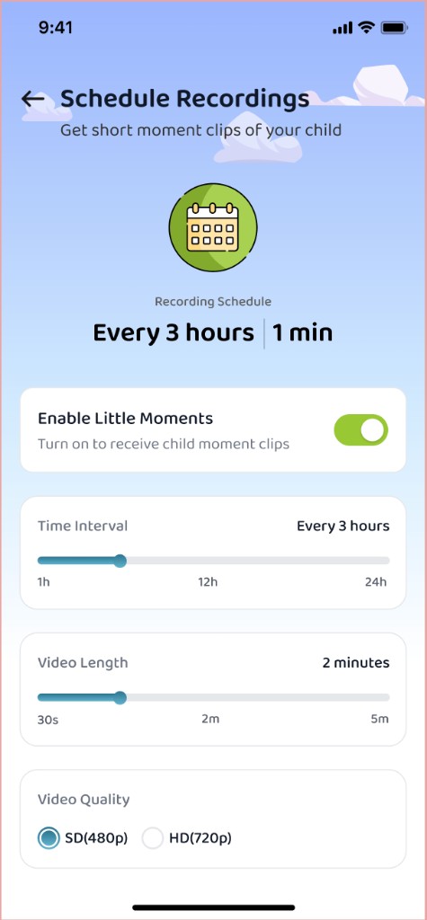 Schedule Recordings settings with interval, clip length, and quality options.