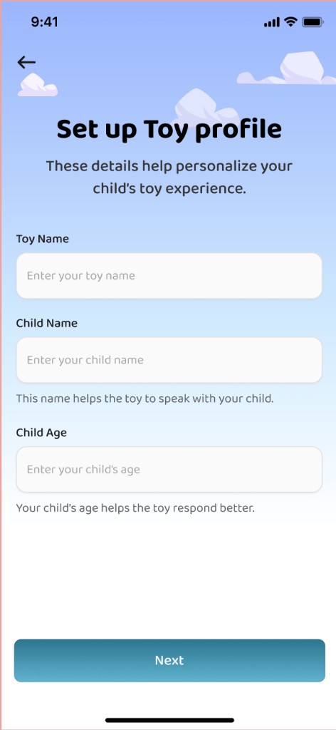 Set up Toy profile form with toy name, child name, and child age fields.
