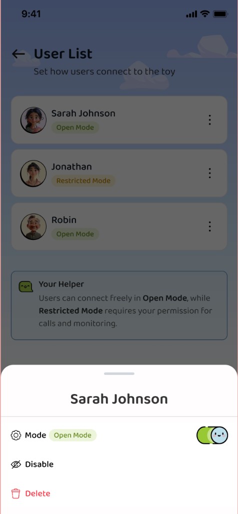 User list with Open and Restricted modes and a per-user settings sheet.