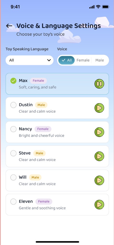 Voice and language settings listing toy voice options like Max and Dustin.