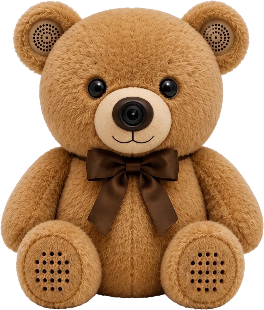 The Chintoos bear: soft brown plush, a camera lens set in its nose, speaker grilles in both ears, and a brown satin bow.