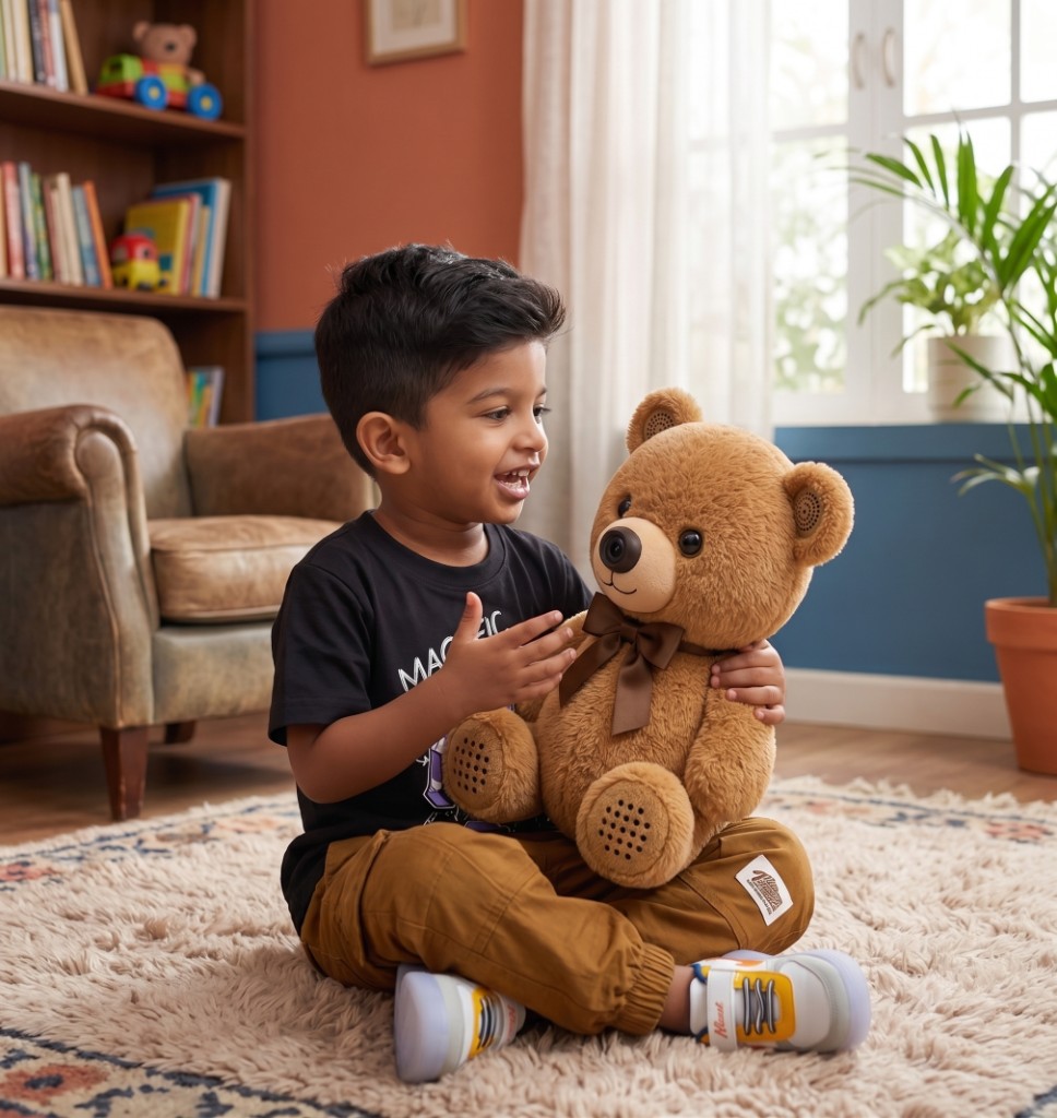 A child sitting on a rug, talking to the Chintoos bear. A frame from the prototype shoot.