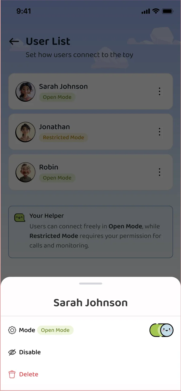 The Chintoos app user list: three named guardians, each set to Open or Restricted.