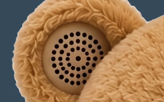 Close view of the bear's ear, where the microphone grille sits.