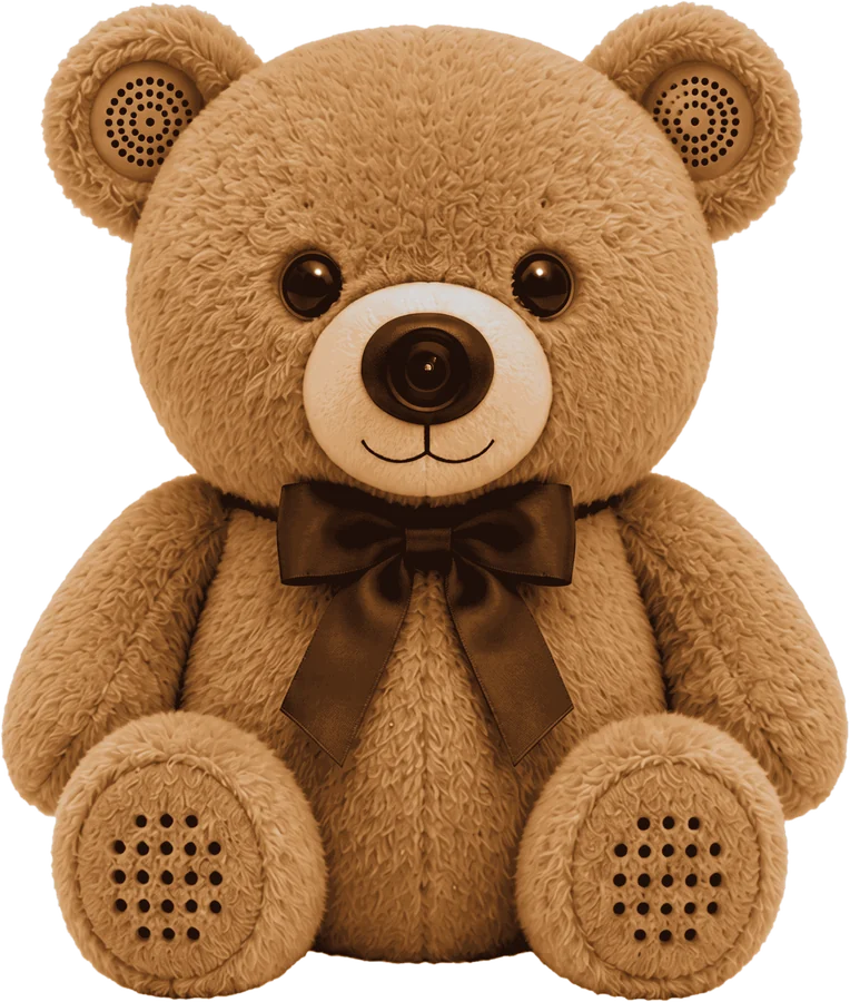 Bhalu, the brown bear, sitting with a satin bow.