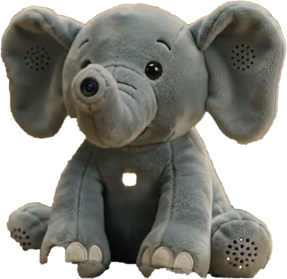 Gaja, the grey elephant, sitting with wide ears.