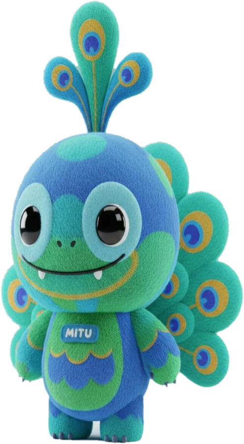 Mitu, the blue and green peacock, standing with tail feathers fanned.